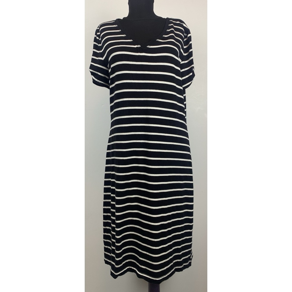 T by Talbots Women's Black & White Striped T-Shirt Dress Modal Casual Size Med
